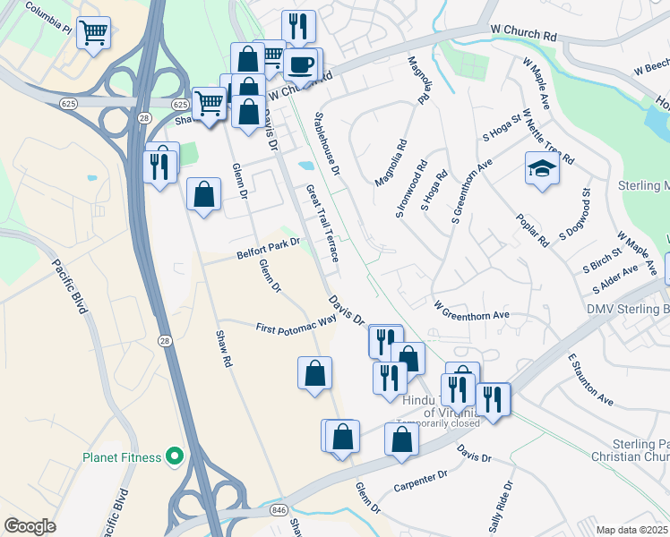 map of restaurants, bars, coffee shops, grocery stores, and more near 45524 Overmountain Square in Sterling