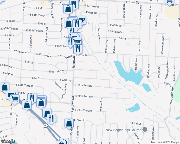 map of restaurants, bars, coffee shops, grocery stores, and more near 10205 East 68 Terrace in Raytown