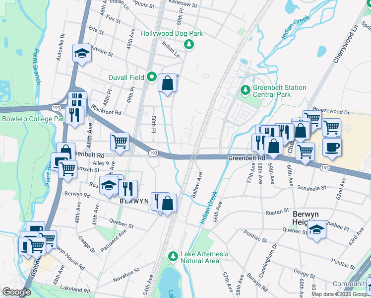 map of restaurants, bars, coffee shops, grocery stores, and more near 5151 Branchville Road in College Park