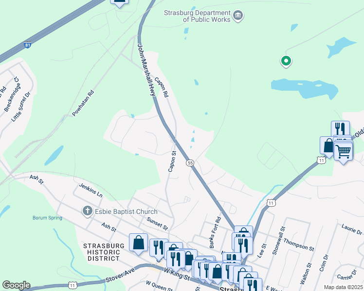 map of restaurants, bars, coffee shops, grocery stores, and more near 576 John Marshall Highway in Strasburg