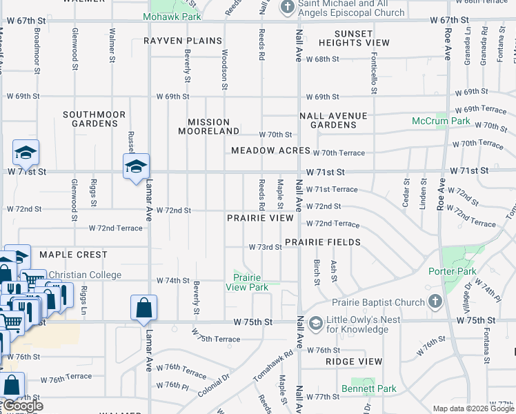 map of restaurants, bars, coffee shops, grocery stores, and more near 7144 Reeds Road in Overland Park