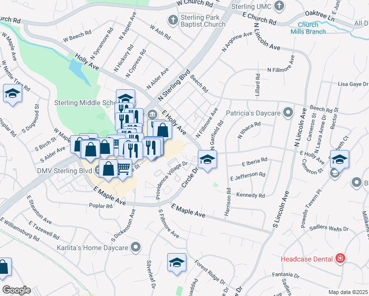 map of restaurants, bars, coffee shops, grocery stores, and more near 22355 Providence Village Drive in Sterling