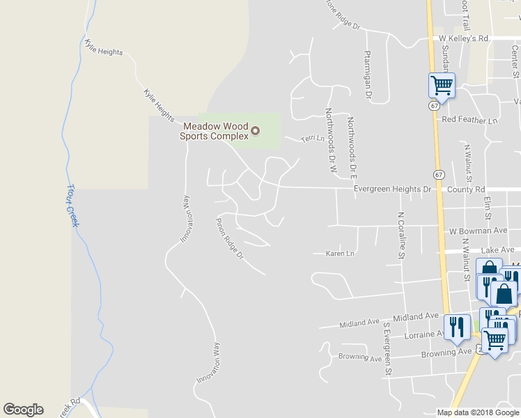 map of restaurants, bars, coffee shops, grocery stores, and more near 640 Pinon Ridge Drive in Woodland Park