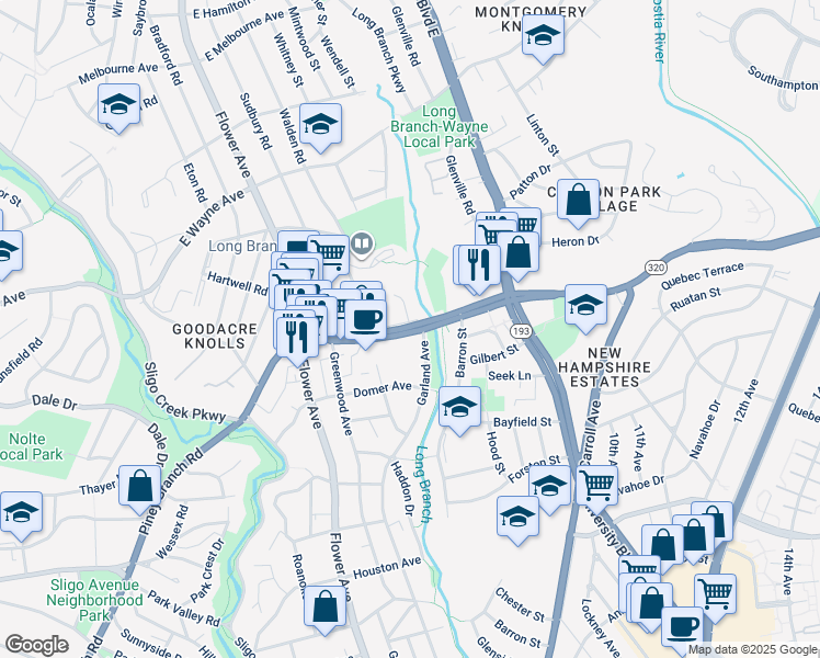 map of restaurants, bars, coffee shops, grocery stores, and more near 8658 Piney Branch Road in Silver Spring