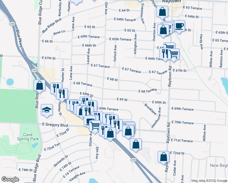 map of restaurants, bars, coffee shops, grocery stores, and more near 9351 East 68 Terrace in Raytown