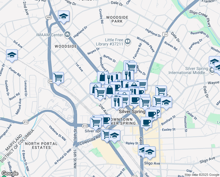map of restaurants, bars, coffee shops, grocery stores, and more near 8750 Georgia Avenue in Silver Spring