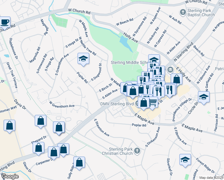 map of restaurants, bars, coffee shops, grocery stores, and more near 609 South Alder Avenue in Sterling