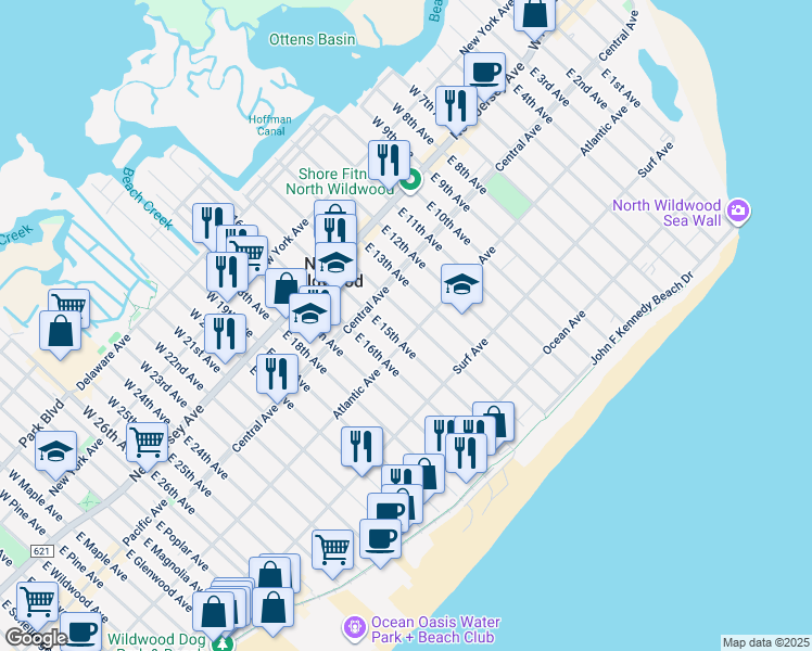 map of restaurants, bars, coffee shops, grocery stores, and more near 246 East 14th Avenue in North Wildwood