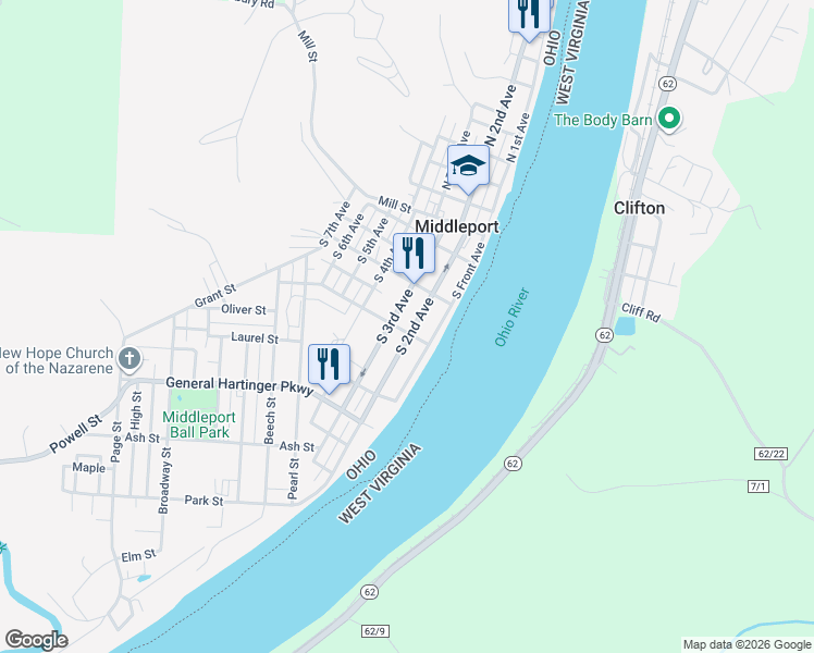 map of restaurants, bars, coffee shops, grocery stores, and more near 44 Lincoln in Middleport