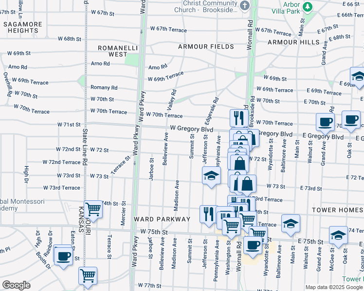 map of restaurants, bars, coffee shops, grocery stores, and more near 805 West 71st Terrace in Kansas City