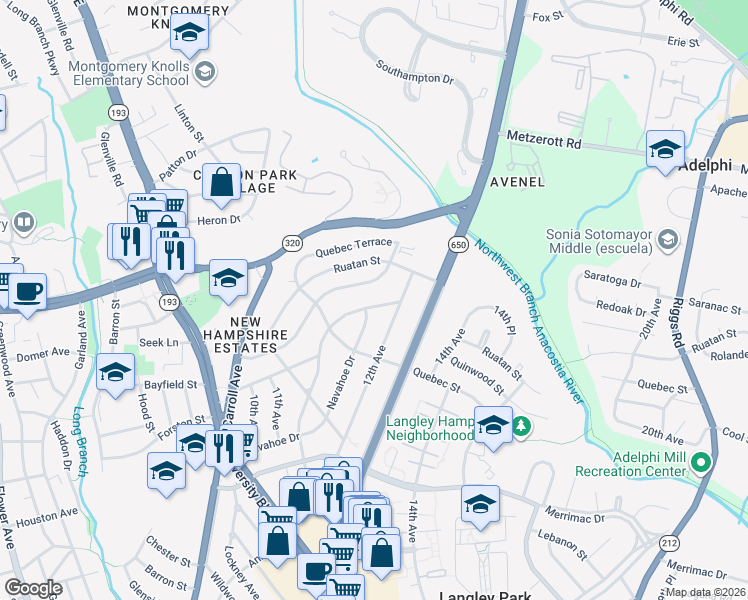 map of restaurants, bars, coffee shops, grocery stores, and more near 8504 Tahona Drive in Silver Spring