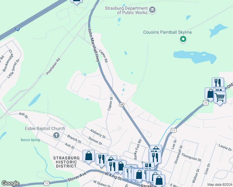 map of restaurants, bars, coffee shops, grocery stores, and more near 576 John Marshall Highway in Strasburg