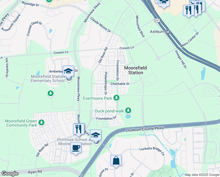 map of restaurants, bars, coffee shops, grocery stores, and more near 22311 Tees Terrace in Ashburn