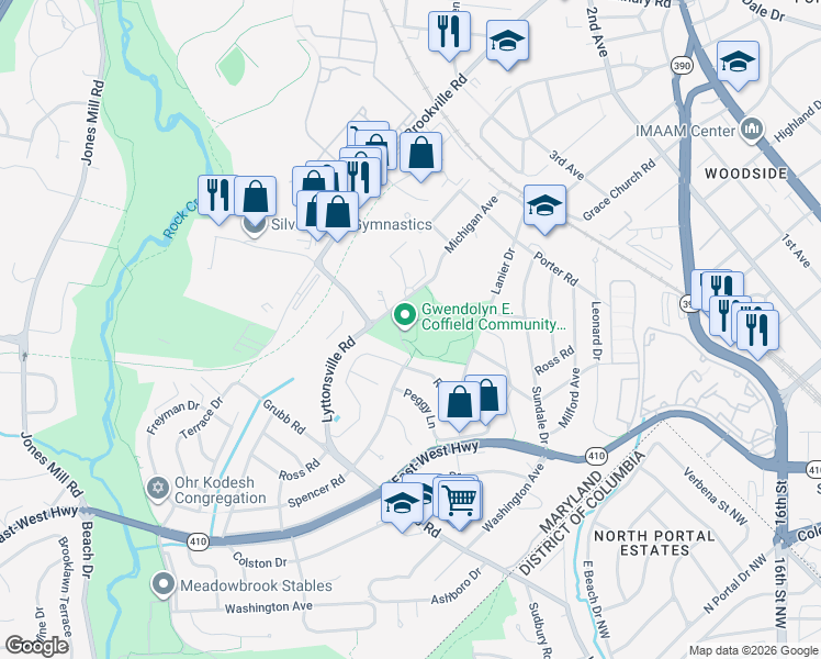 map of restaurants, bars, coffee shops, grocery stores, and more near 2450 Lyttonsville Road in Silver Spring