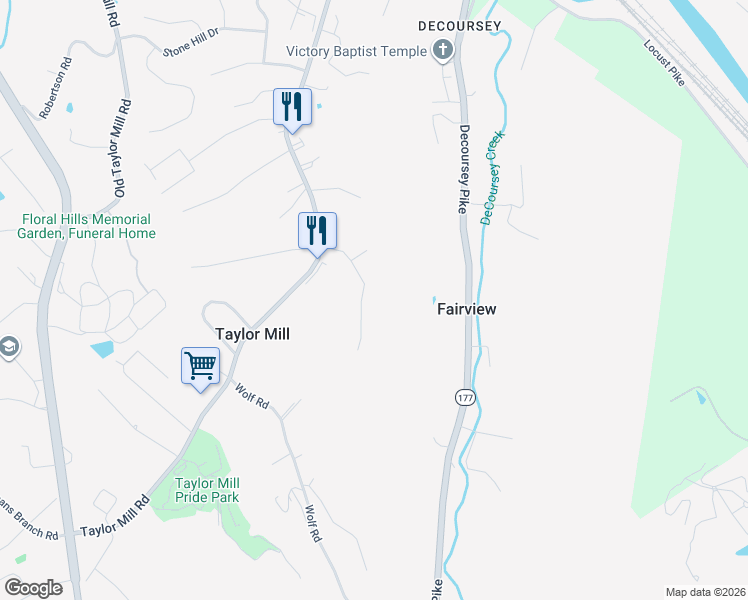 map of restaurants, bars, coffee shops, grocery stores, and more near 668 Ridgeway Drive in Taylor Mill