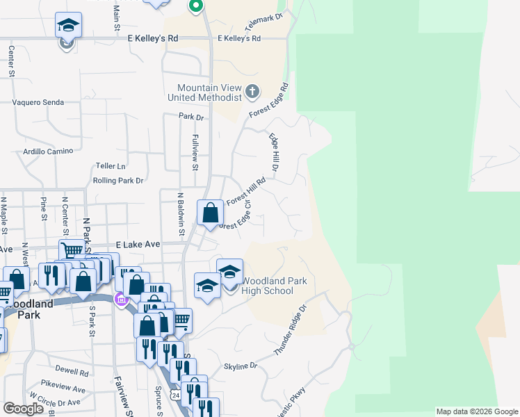 map of restaurants, bars, coffee shops, grocery stores, and more near 510 Mountain View Place in Woodland Park