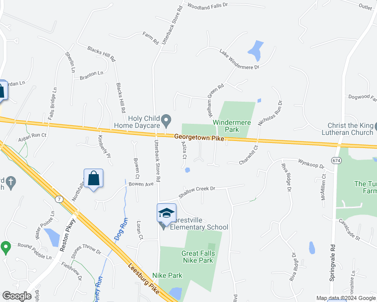 map of restaurants, bars, coffee shops, grocery stores, and more near 11011 Georgetown Pike in Great Falls