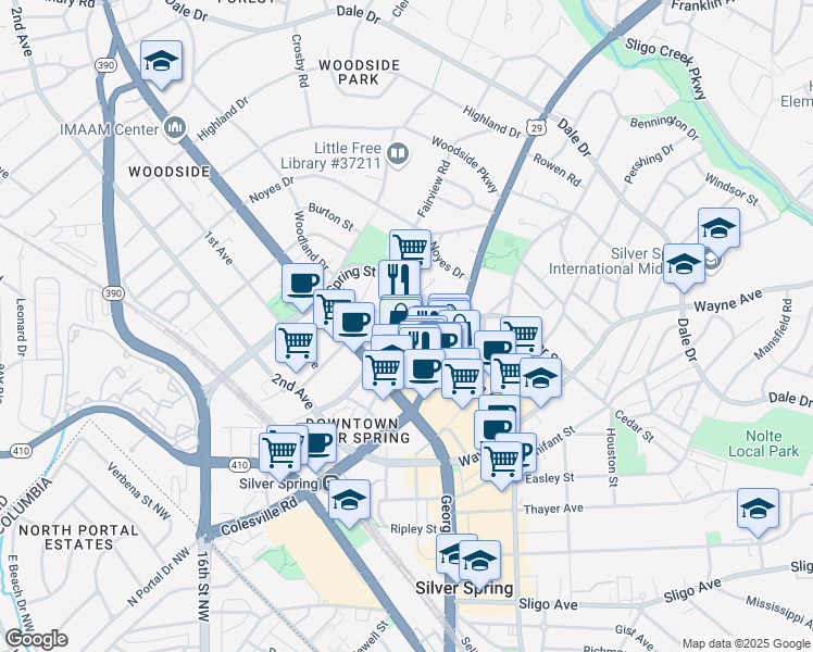 map of restaurants, bars, coffee shops, grocery stores, and more near 8709 Cameron Street in Silver Spring