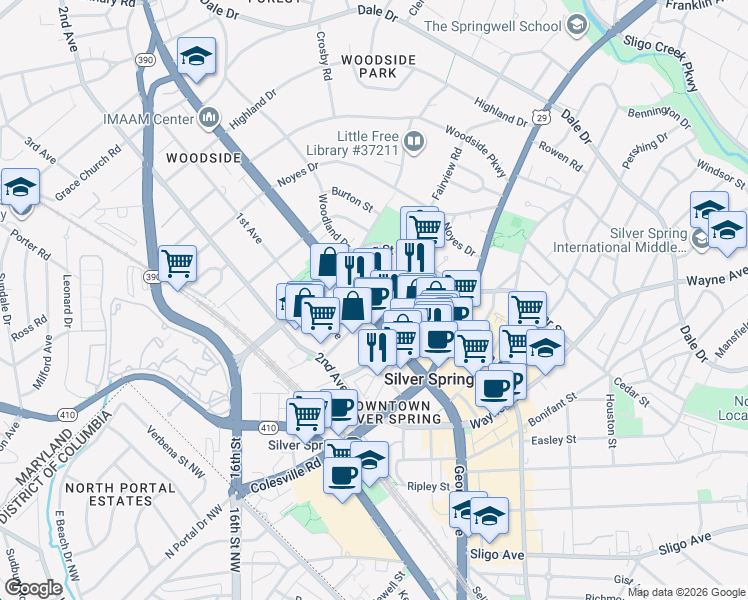 map of restaurants, bars, coffee shops, grocery stores, and more near 8777 Georgia Avenue in Silver Spring