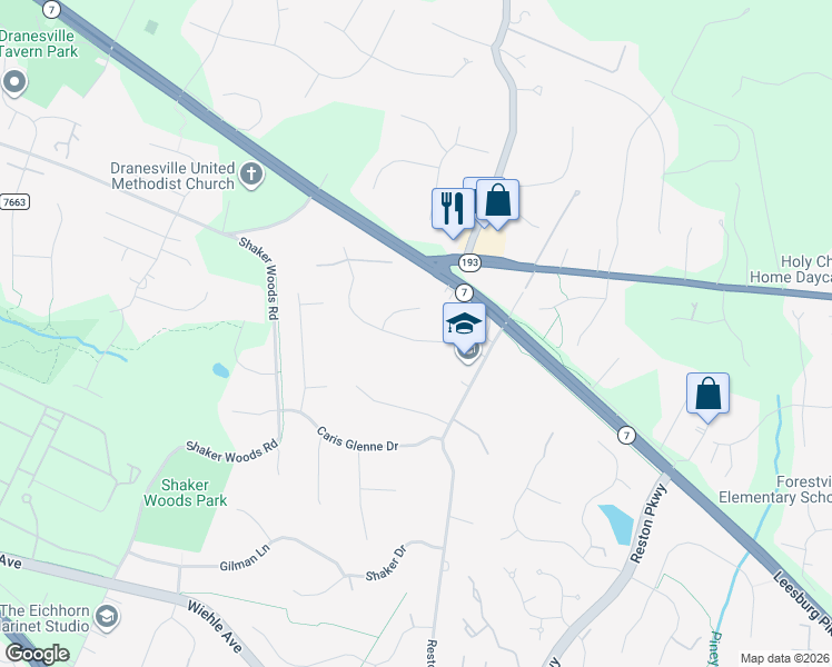map of restaurants, bars, coffee shops, grocery stores, and more near 11592 Cedar Chase Road in Herndon