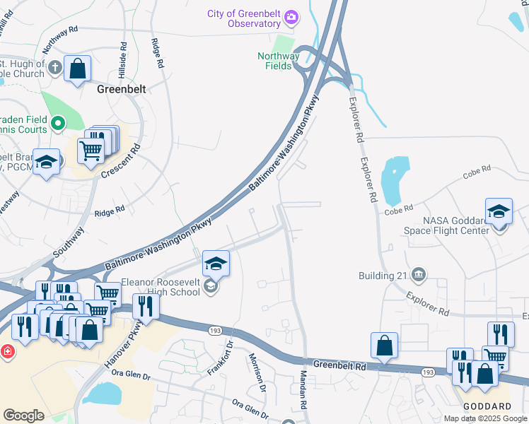 map of restaurants, bars, coffee shops, grocery stores, and more near 7824 Hanover Parkway in Greenbelt
