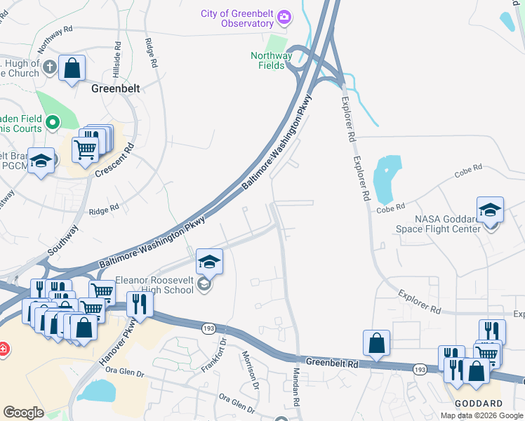 map of restaurants, bars, coffee shops, grocery stores, and more near 7826 Hanover Parkway in Greenbelt