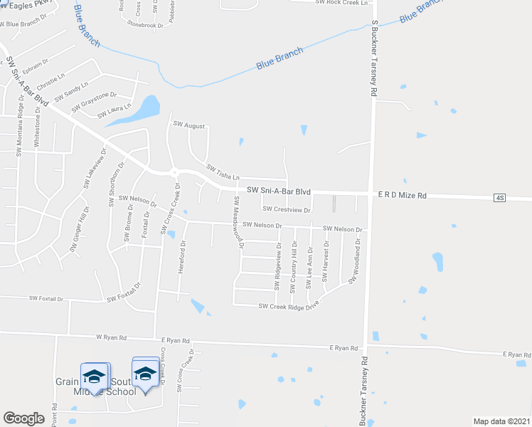 map of restaurants, bars, coffee shops, grocery stores, and more near 653 Southwest Crestview Drive in Grain Valley