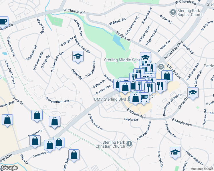 map of restaurants, bars, coffee shops, grocery stores, and more near 607 South Alder Avenue in Sterling