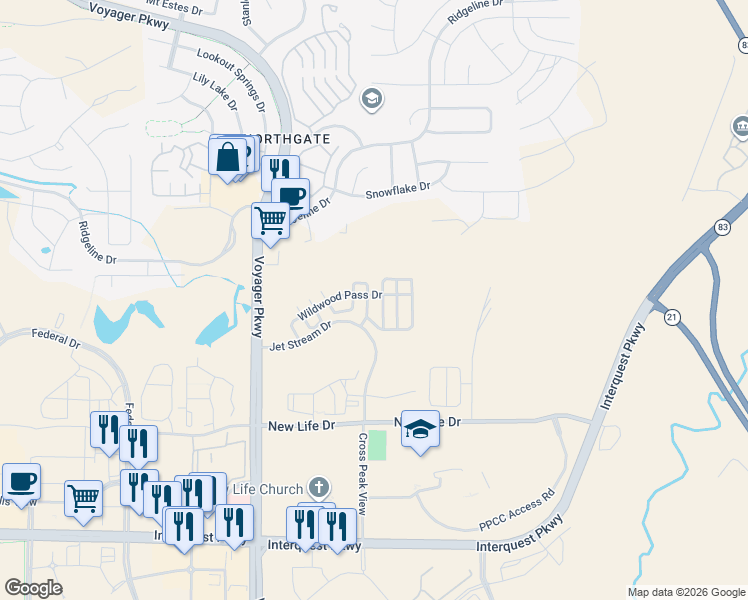 map of restaurants, bars, coffee shops, grocery stores, and more near 11577 Black Maple Lane in Colorado Springs