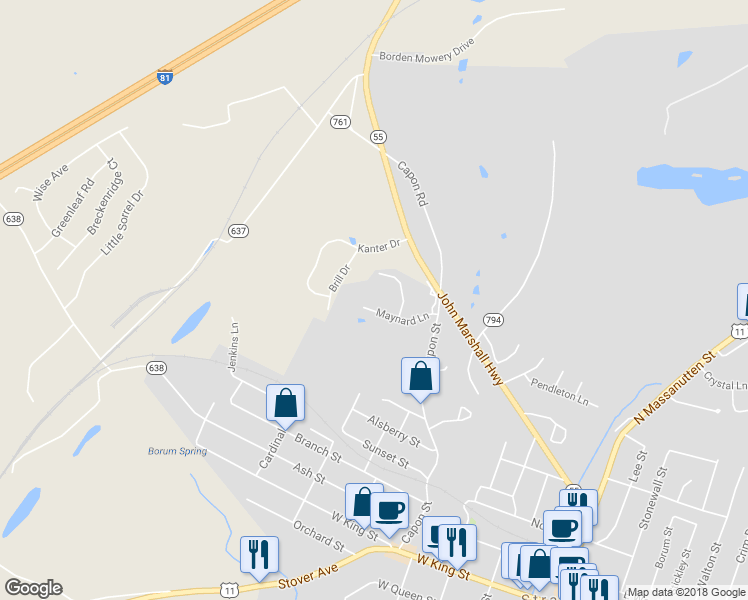map of restaurants, bars, coffee shops, grocery stores, and more near 174 Maynard Lane in Strasburg