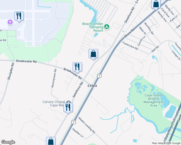 map of restaurants, bars, coffee shops, grocery stores, and more near 538 Sheridan Avenue in Cape May