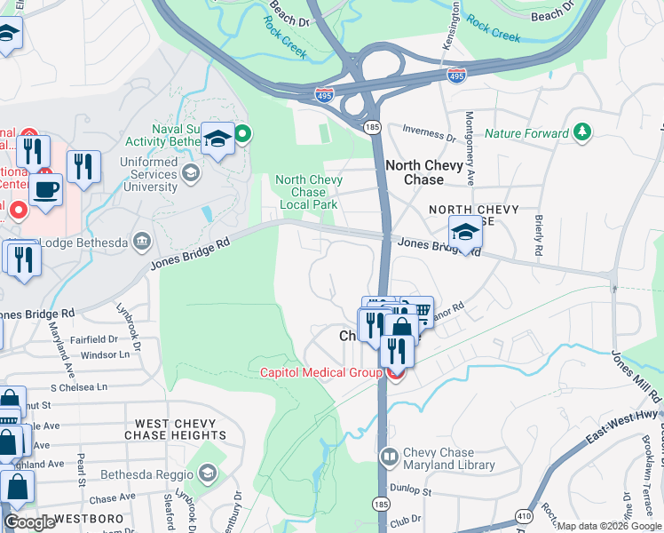 map of restaurants, bars, coffee shops, grocery stores, and more near 4000 Jones Bridge Road in Chevy Chase