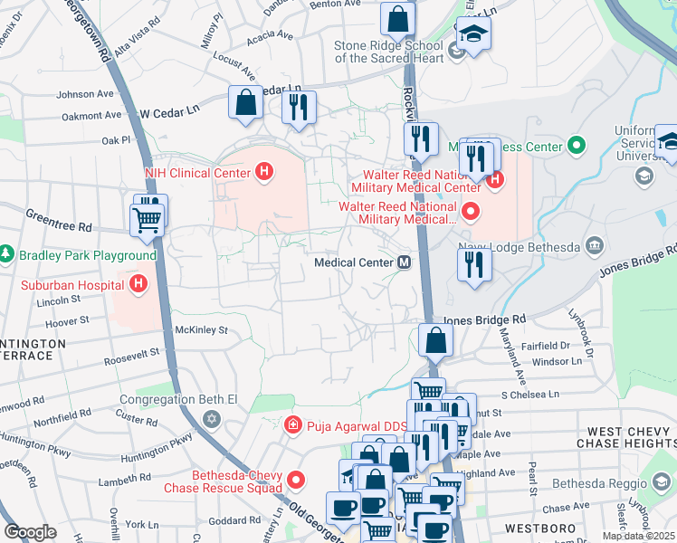 map of restaurants, bars, coffee shops, grocery stores, and more near 23 Center Drive in Bethesda