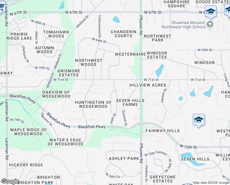 map of restaurants, bars, coffee shops, grocery stores, and more near 7140 Park Street in Shawnee