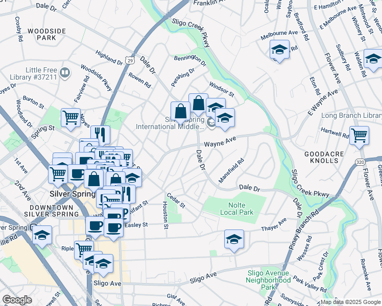 map of restaurants, bars, coffee shops, grocery stores, and more near 8422 Queen Annes Drive in Silver Spring
