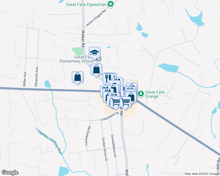 map of restaurants, bars, coffee shops, grocery stores, and more near 9912d Virginia 193 in Great Falls