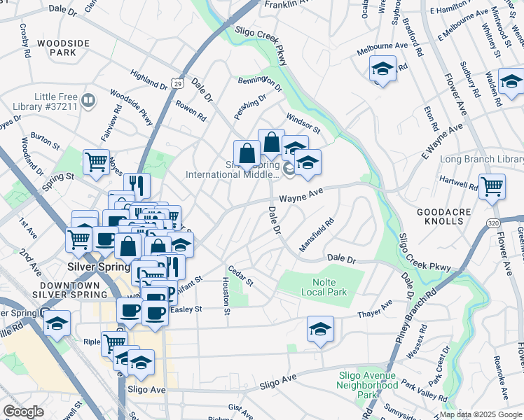 map of restaurants, bars, coffee shops, grocery stores, and more near 8422 Queen Annes Drive in Silver Spring