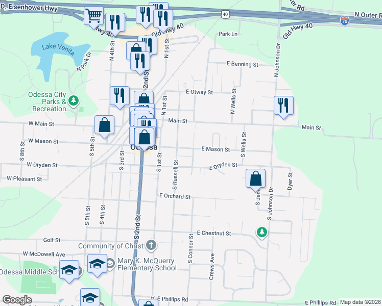 map of restaurants, bars, coffee shops, grocery stores, and more near 202 South Connor Street in Odessa