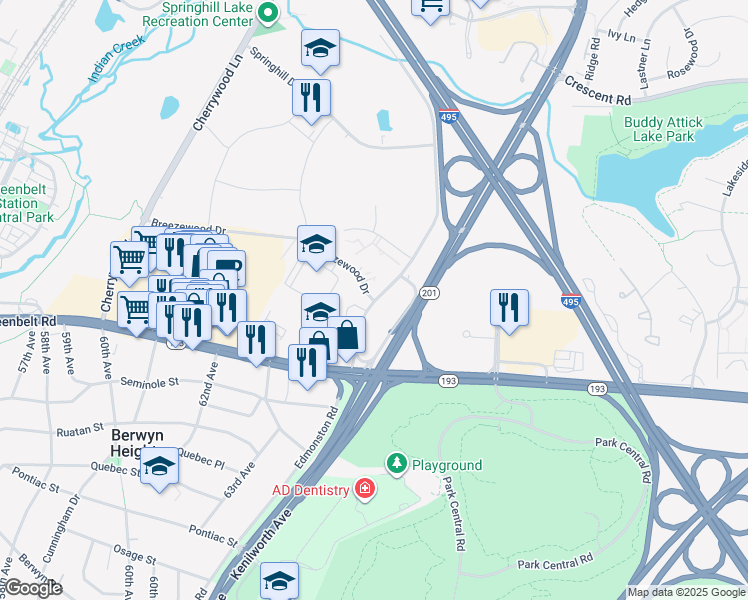map of restaurants, bars, coffee shops, grocery stores, and more near 6301 Breezewood Drive in Greenbelt