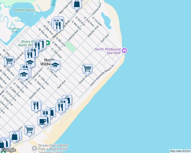map of restaurants, bars, coffee shops, grocery stores, and more near 510 East 8th Avenue in North Wildwood