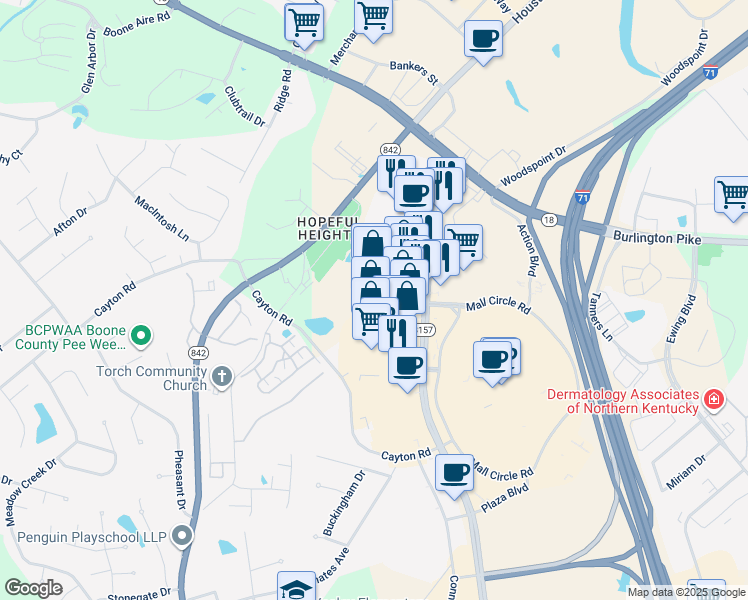 map of restaurants, bars, coffee shops, grocery stores, and more near 7659 Mall Road in Florence