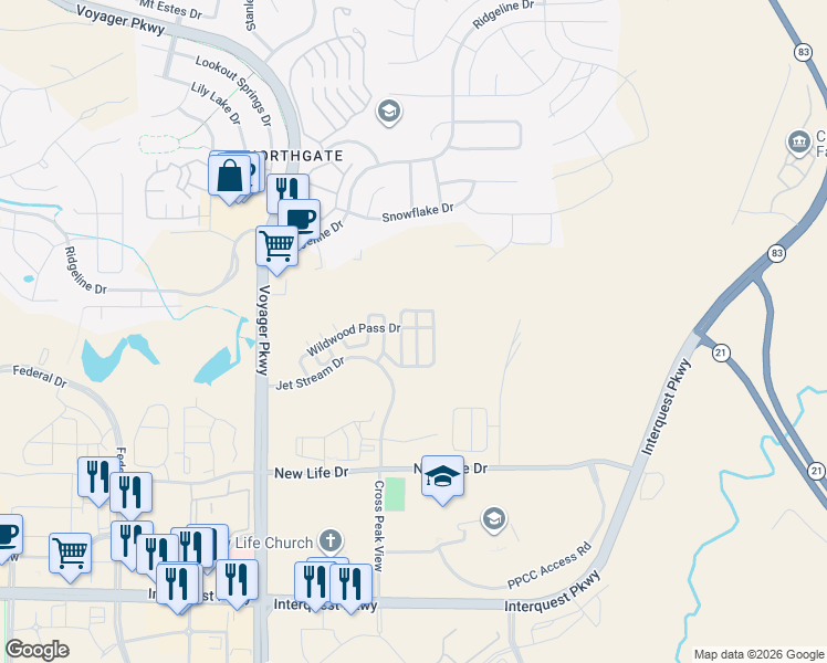 map of restaurants, bars, coffee shops, grocery stores, and more near 2314 Shady Aspen Drive in Colorado Springs