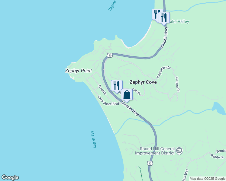 map of restaurants, bars, coffee shops, grocery stores, and more near 618 Pharris Lane in Zephyr Cove