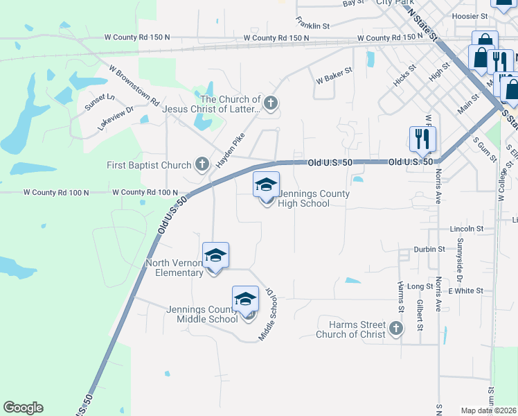 map of restaurants, bars, coffee shops, grocery stores, and more near 800 West Walnut Street in North Vernon