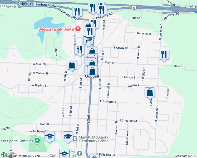map of restaurants, bars, coffee shops, grocery stores, and more near 209 South 1st Street in Odessa