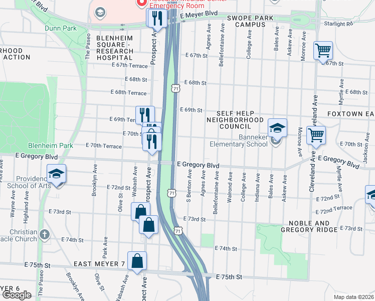 map of restaurants, bars, coffee shops, grocery stores, and more near 7037 Chestnut Avenue in Kansas City