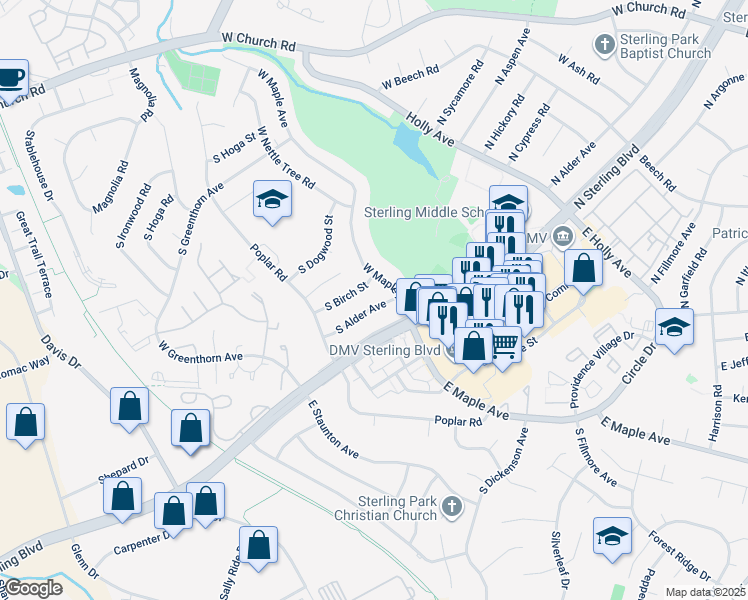 map of restaurants, bars, coffee shops, grocery stores, and more near 607 South Alder Avenue in Sterling