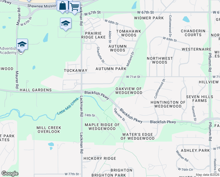 map of restaurants, bars, coffee shops, grocery stores, and more near 7139 Oakview Street in Shawnee