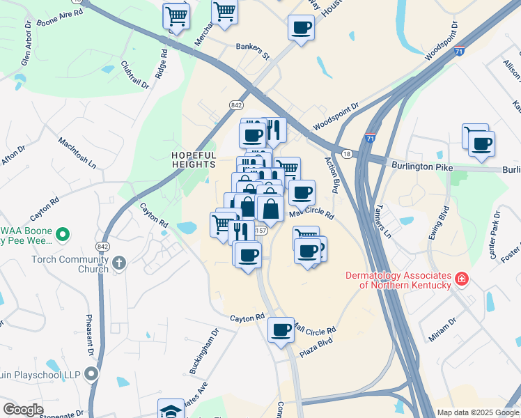map of restaurants, bars, coffee shops, grocery stores, and more near 7659 Mall Road in Florence