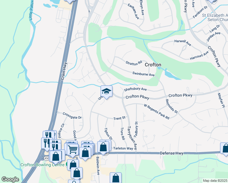 map of restaurants, bars, coffee shops, grocery stores, and more near 1739 Crofton Parkway in Crofton